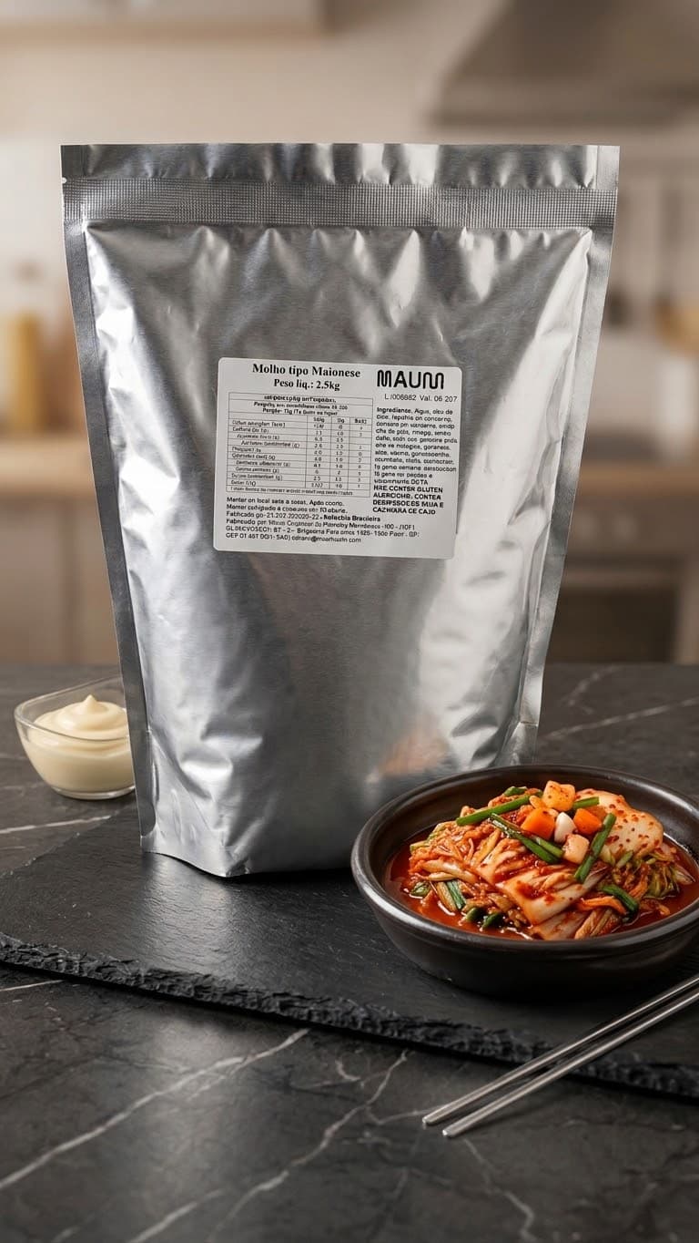 Bag MAUM de 2,5 kg com rótulo completo, ao lado de kimchi e maionese