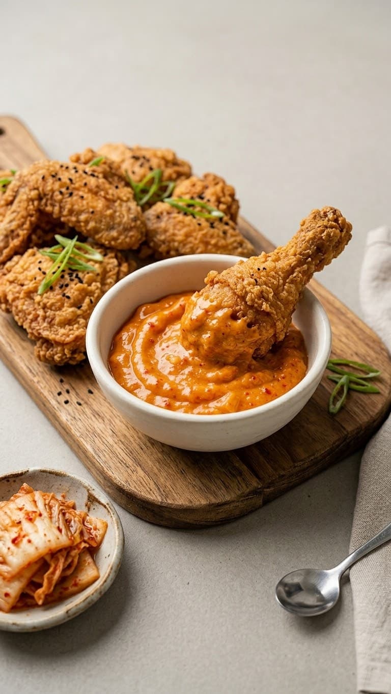 Frango frito coreano mergulhado na Maionese de Kimchi MAUM, com kimchi ao lado
