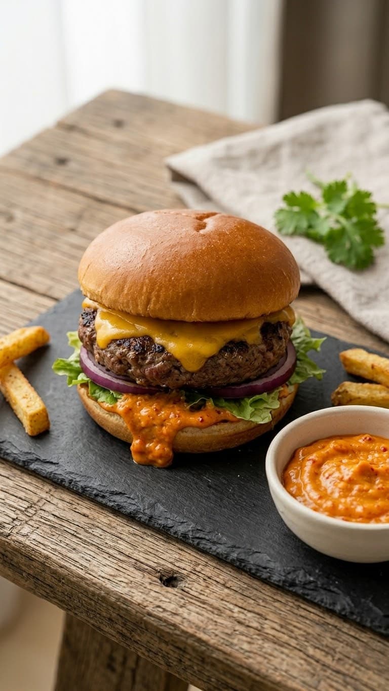 Hambúrguer artesanal com Maionese de Kimchi MAUM na base do pão e ramekin do molho ao lado