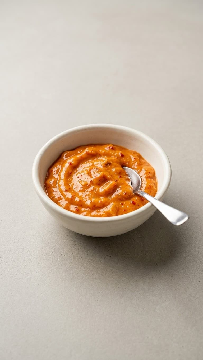 Maionese de Kimchi MAUM em tigela branca, com flocos de pimenta coreana visíveis