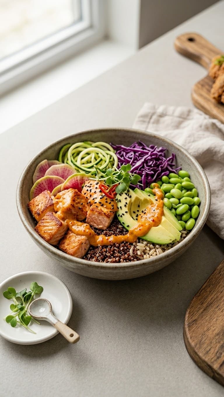 Poke bowl de salmão finalizado em fio com Maionese de Kimchi MAUM sobre quinoa e edamame