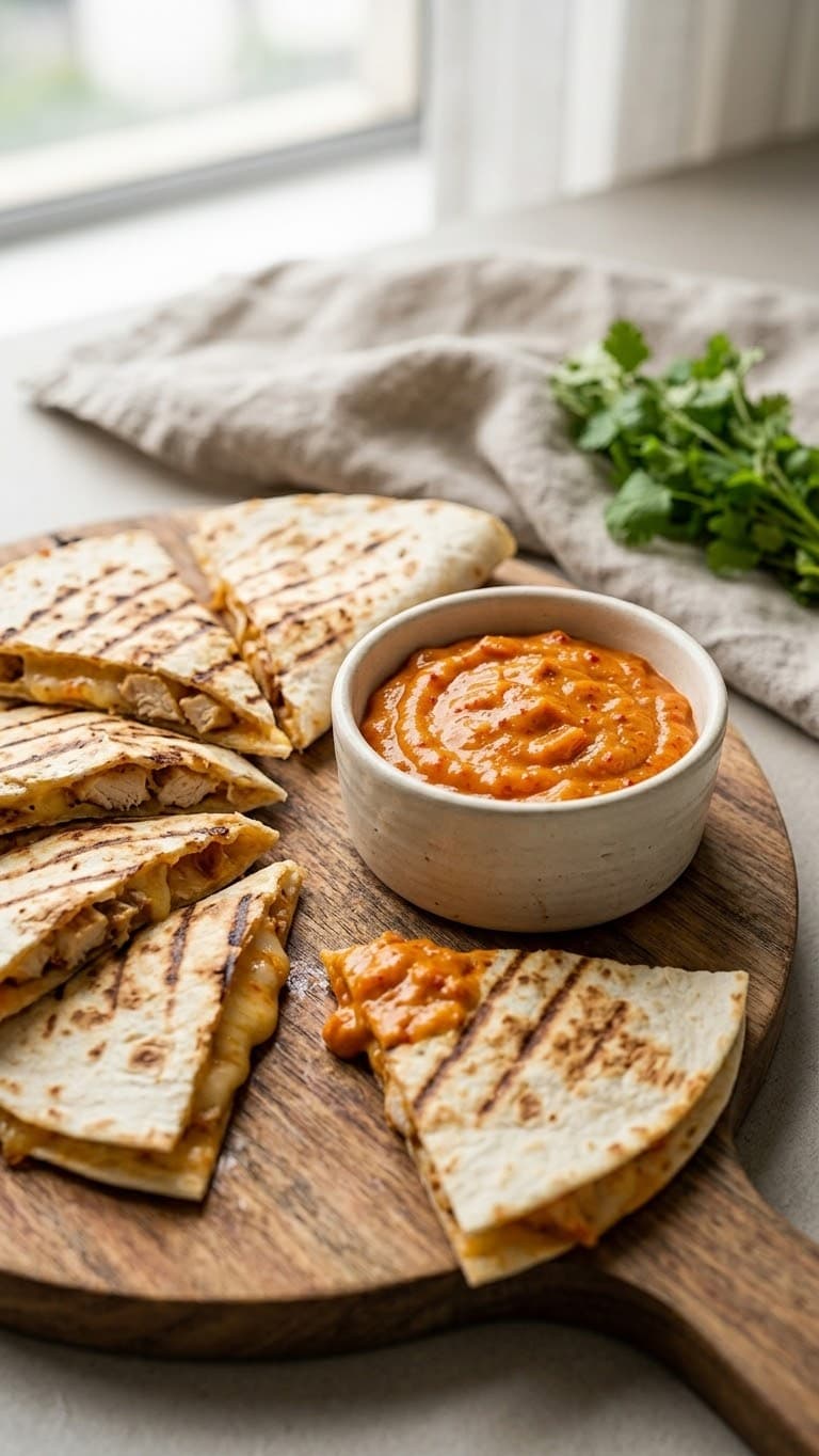 Quesadilla de frango grelhada servida com tigela de Maionese de Kimchi MAUM