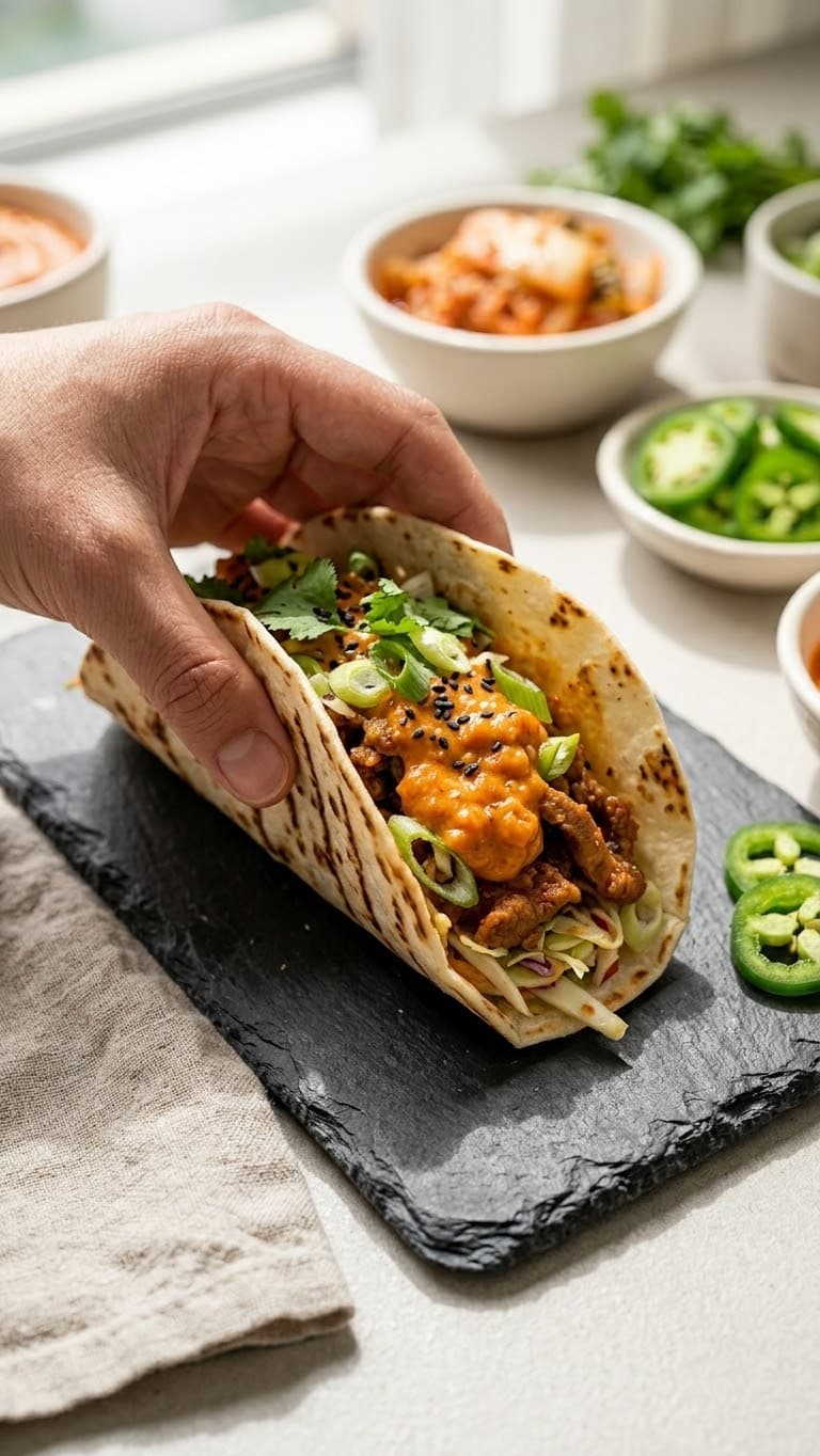 Taco de carne desfiada com Maionese de Kimchi MAUM, cebolinha e gergelim preto